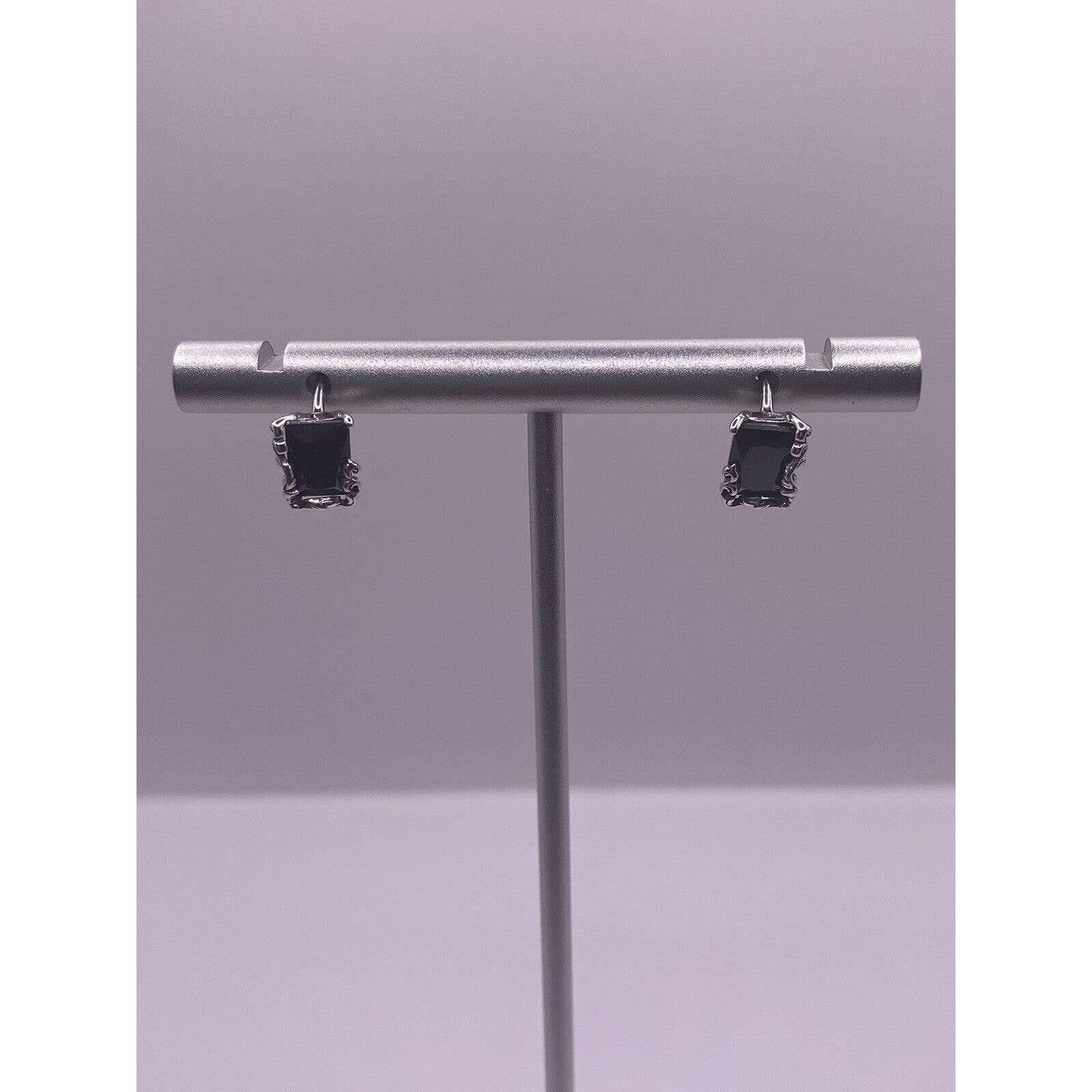 Black Rectangular Floral Hoop Sterling Silver Earr